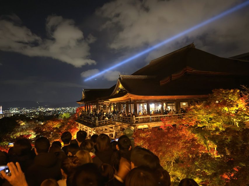 Temple illuminated at night in Japan