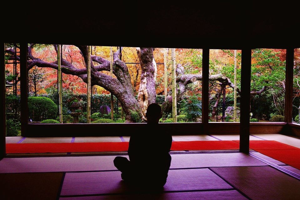 Temple veranda overlooking an autumn maple garden